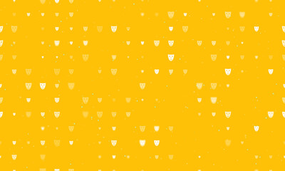 Seamless background pattern of evenly spaced white theatrical masks of different sizes and opacity. Vector illustration on amber background with stars