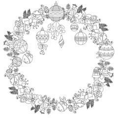 Fototapeta premium Contour linear illustration for coloring book with Christmas wreath. Traditional winter decoration, anti stress picture. Line art design for adult or kids in zen-tangle style and coloring page.
