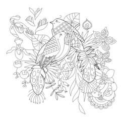 Fototapeta premium Contour linear illustration for coloring book with paradise birds in flowers. Tropic parrots, anti stress picture. Line art design for adult or kids in zen-tangle style, tattoo and coloring page.
