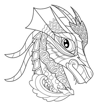 Fancy dragon head on white background. Contour illustration for coloring book with fantasy reptile. Anti stress picture. Line art design for adult or kids in zentangle style, tattoo and coloring page.