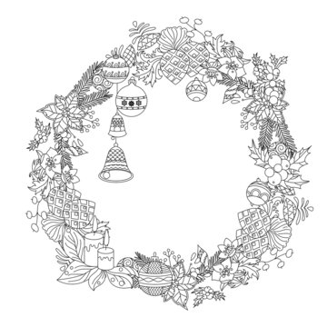 Contour linear illustration for coloring book with Christmas wreath.  Traditional winter decoration,  anti stress picture. Line art design for adult or kids  in zen-tangle style and coloring page.