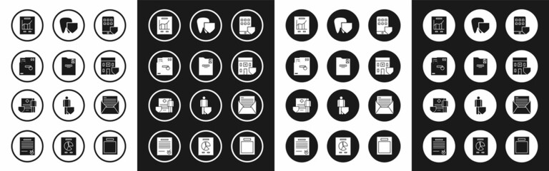Set Smartphone insurance, Personal folder, Ordered envelope, Document with graph chart, Medical hospital building shield, Tooth, Mail and e-mail and clipboard clinical record icon. Vector