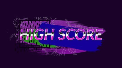 Animation of high score over moving colorful graphics on dark background - Powered by Adobe