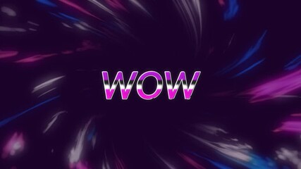 Animation of wow text over moving colorful geometrical lights on dark background - Powered by Adobe