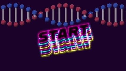 Animation of start text over spinning dna strand on dark background - Powered by Adobe