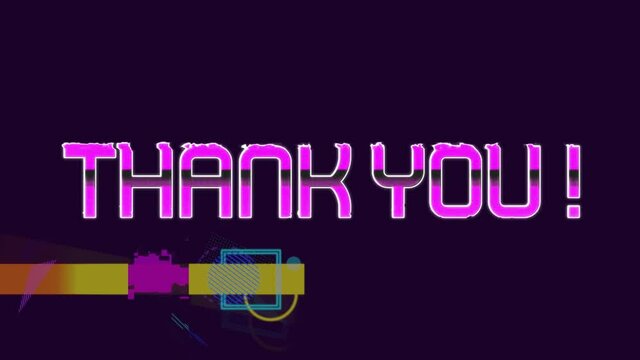 Animation of thank you text over colorful moving geometrical shapes on dark background