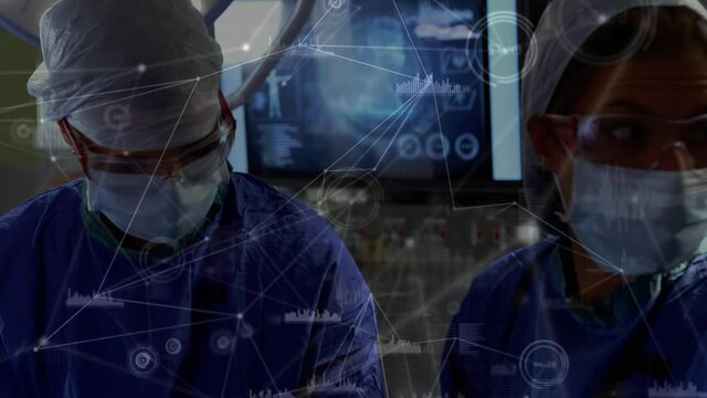 Animation of network of connections and data processing over surgeons in operating theater