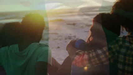 Animation of waving flag of nigeria over group of friends having fun on the beach