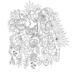 Contour linear illustration for coloring book with paradise birds in flowers. Tropic birds,  anti stress picture. Line art design for adult or kids  in zen-tangle style, tattoo and coloring page.
