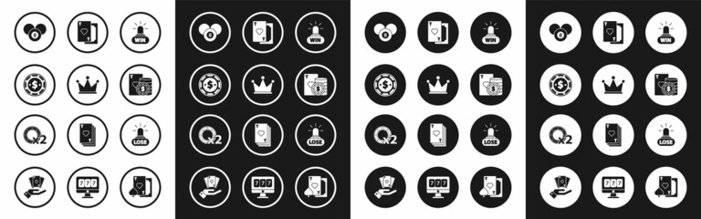 Set Casino win, Crown, chip with dollar, Billiard pool snooker 8 ball, and playing cards, Playing heart, losing and chips icon. Vector