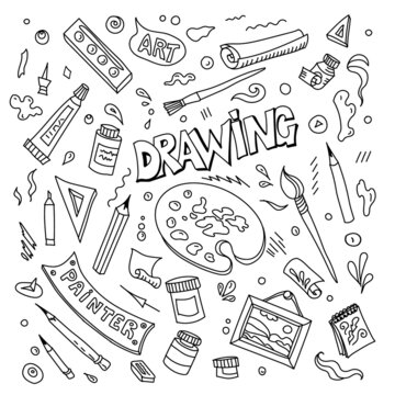 Artistic and craft handmade vector symbols and items. Decorative arts doodles set.