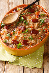 Arroz de pato or duck rice is a traditional Portuguese food close up in the baking dish on the wooden table. Vertical