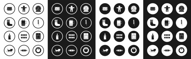 Set Christmas snow globe, Hot chocolate cup with marshmallows, stocking, Nougat nuts, Firework rocket, Holiday gingerbread man cookie, book and Burning candle candlestick icon. Vector