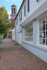 Beautiful picturesque New England style house facades in historic Old Town Alexandria, Virginia with shopping avenue mall King Street and romantic backstreet alley brick buildings colors Indian Summe