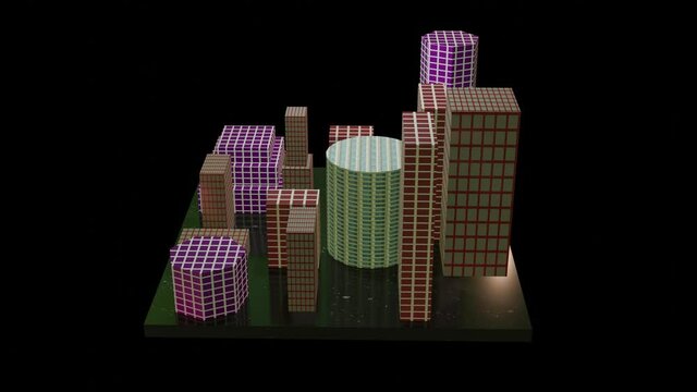 City with buildings before flooding. Dry urban landscape . Rotating orbiting prespective view .3d rendering animation prior to water flooding simulation 