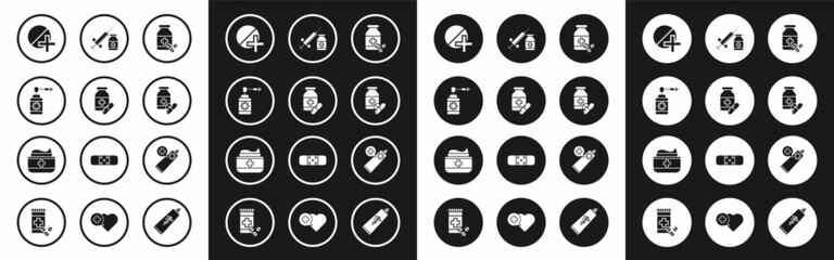 Fototapeta premium Set Medicine bottle and pills, Medical with nozzle spray, or tablet, syringe needle vial ampoule, Ointment cream tube medicine and icon. Vector