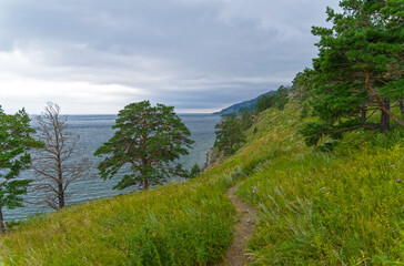 Trail on the steep high shore of Lake Baikal.