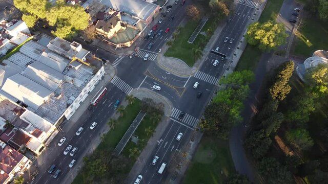 Urban traffic at Balbin Avenue, Buenos Aires city in Argentine. Aerial top-down view