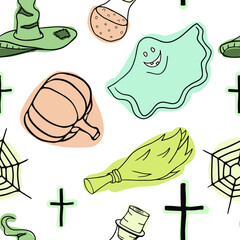Cute hat for a witch, tasty pumpkin, happy ghost, a bottle with a magic elixir, a tombstone. Doodles for Halloween. Vector seamless pattern.