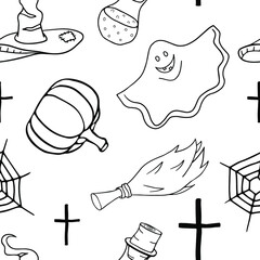 A hat for a witch, a pumpkin, a ghost, a bottle with a magic elixir, a tombstone. Doodles for Halloween. Vector seamless pattern.