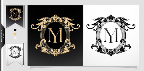 heraldic coat of arms YM or MY initial letter. graphic name Frames and Border of floral designs, applicable for Monogram, insignia, wedding couple name, badge label premium design.