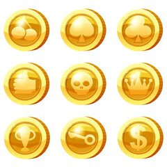 Set of Golden Coins for game apps. Gold icons, card suits, crown, scull, key, goblet, symbols game UI, gaming gambling. Vector illustration