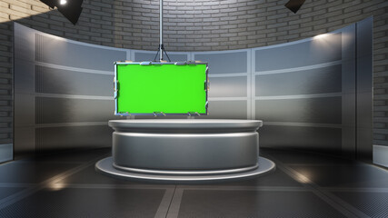 News studio and green screen, 3D illustration