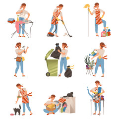Fototapeta na wymiar Househusband doing daily routine set. Man ironing clothes, cleaning floor, throwing garbage, feeding pet animal cartoon vector illustration