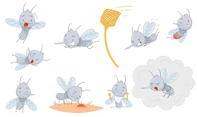 Cute funny baby mosquitoes set. Adorable parasitic insects cartoon characters vector illustration
