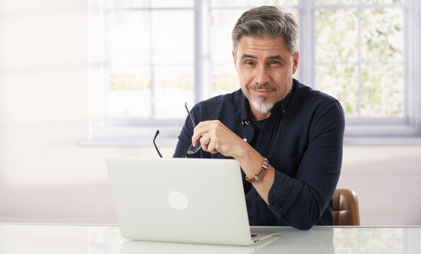 Happy mid adult man working with laptop at home