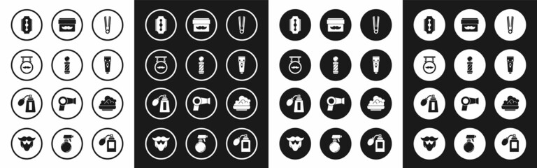 Fototapeta premium Set Curling iron for hair, Classic Barber shop pole, Barbershop, Blade razor, Electrical clipper shaver, Cream lotion cosmetic jar, Shaving gel foam and Aftershave bottle with atomizer icon. Vector