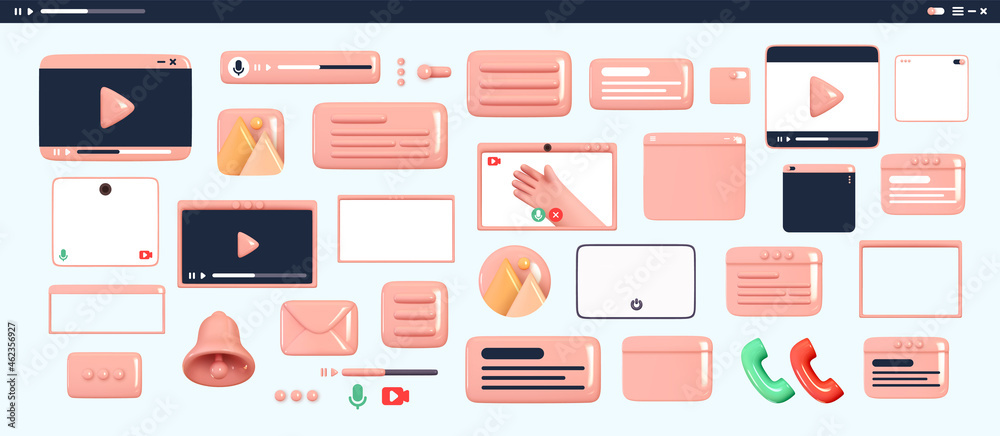 Poster design set for apps and websites. scroll bar for the player. multicolored icon templates frame video