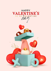 Happy Valentines day design. Realistic blue gifts boxes with red heart shaped helium balloons, gnome character, Xo x o symbol. Open gift box full of decorative festive object. Vector illustration