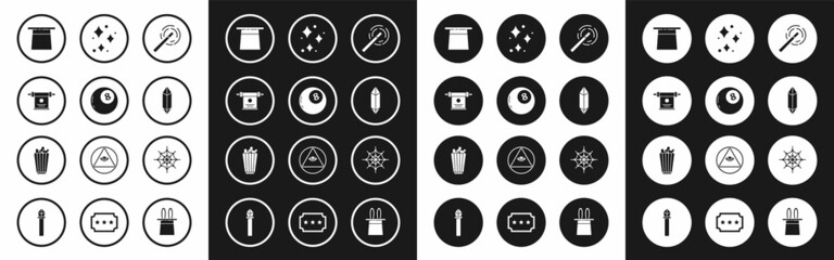 Set Magic wand, ball of predictions, scroll, Magician hat, stone, Sparkle stars with magical glitter, Spider web and Popcorn in box icon. Vector