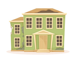 Old abandoned two storey house with broken roof. Old suburban building cartoon vector illustration