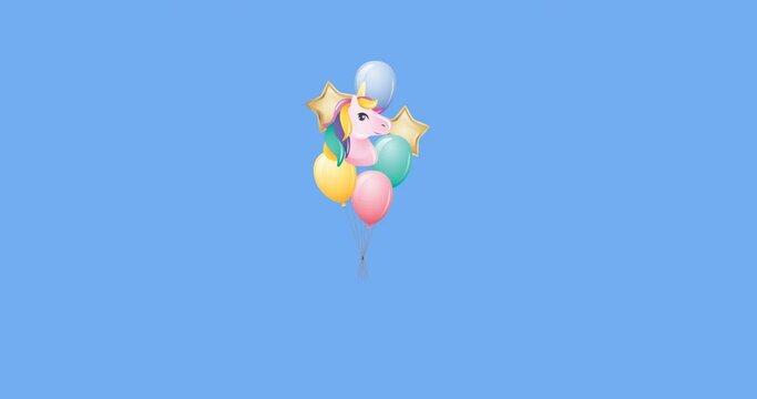 Animation of unicorn and colourful balloons floating on blue background