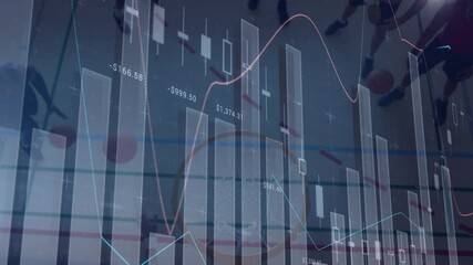 Animation of financial data processing over diverse group of male basketball players at gym - Powered by Adobe