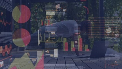 Animation of financial data processing over caucasian woman practicing yoga at home - Powered by Adobe