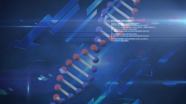 Animation of dna strand and data processing over blue squares on black background
