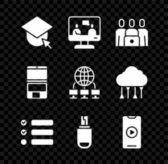 Set Graduation cap on globe, Online education, class, Task list, USB flash drive, play video, Laptop and Computer network icon. Vector