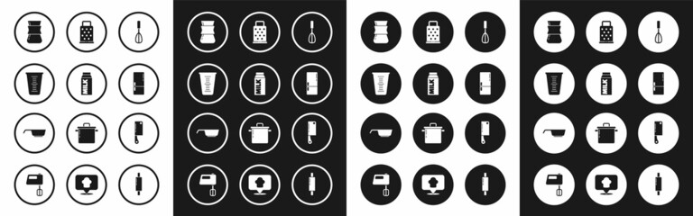 Set Kitchen whisk, Paper package for milk, Measuring cup, Coffee turk, Refrigerator, Grater, Meat chopper and Frying pan icon. Vector