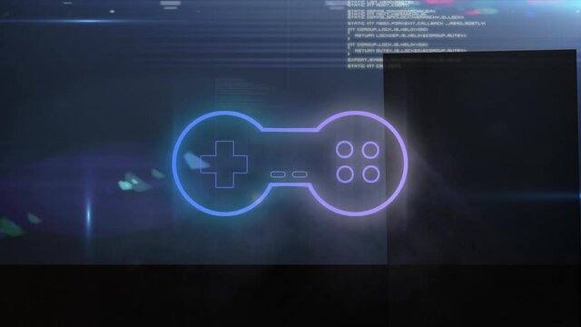 Animation of gamepad over data processing on black background
