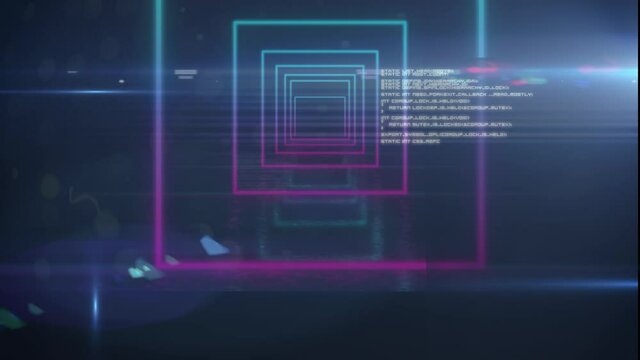 Animation of neon shapes and data processing over black background