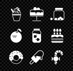 Set Ice cream in bowl, Cake on plate, Glass jar with candies inside, Donut, Christmas candy cane, Apple and Strawberry jam icon. Vector