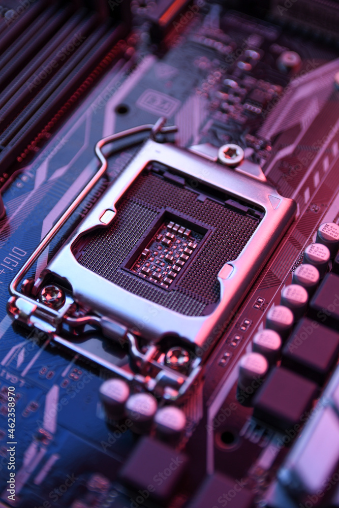 Poster Computer Central Processor socket on motherboard and electronical components cpu gpu memory and different sockets for video card close up