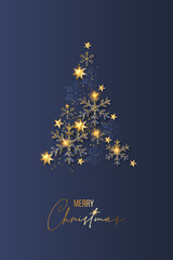 Luxury Elegant Merry Christmas and happy new year Poster Template with Shining Gold Snowflakes and balls on blue background. Vector illustration. Snowflake frame and sparkles. Gold christmas balls.
