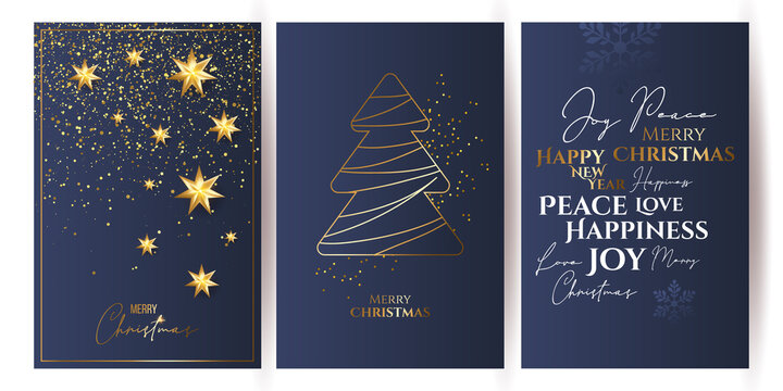 set of Luxury Elegant Merry Christmas and happy new year Poster Template cards, Gold Snowflakes and balls on blue background. Vector illustration. Snowflake frame and sparkles. Gold christmas balls.