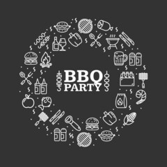 Bbq Party Round Design Template Thin Line Icon Banner. Vector