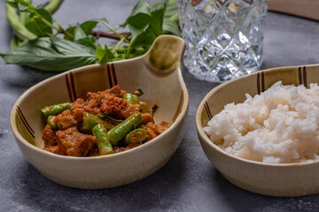 Stir Fried Crispy Pork Curry with Long Beans on Thai Food