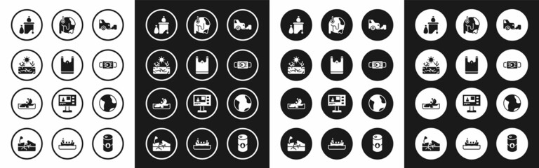 Set Car exhaust, Plastic bag, Drought, Full dustbin, Medical protective mask, Global warming, Earth globe and Wrecked oil tanker ship icon. Vector